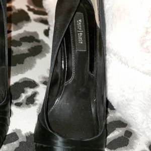 Black satin peep toe pump